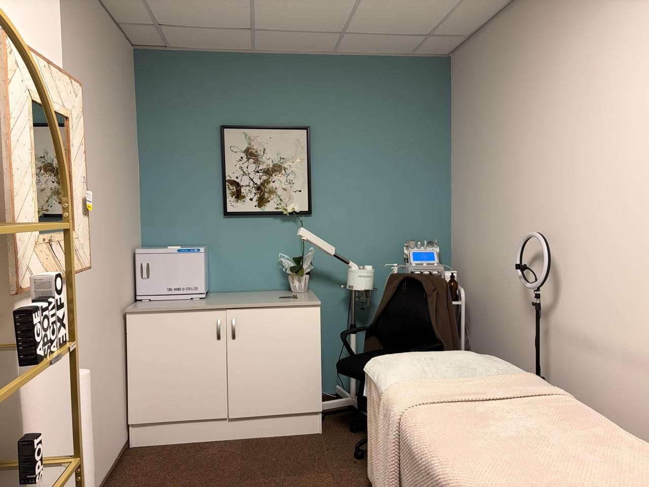 A second treatment room at the studio, with a fresh treatment bed, magnifying lamp, sterilising cabinet and framed botanical print.